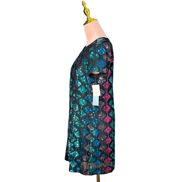 London Times Short Sleeve A-Line Dress in Black/Multi-Color Sequins, Sz 8P. NWT! - Picture 8 of 16